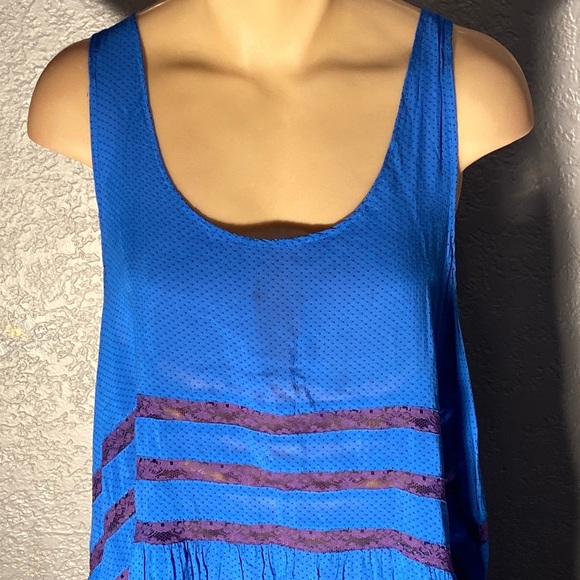 FREE PEOPLE - tunic / dress / tank: blue asymmetrical w purple lace accents - L - Picture 3 of 16